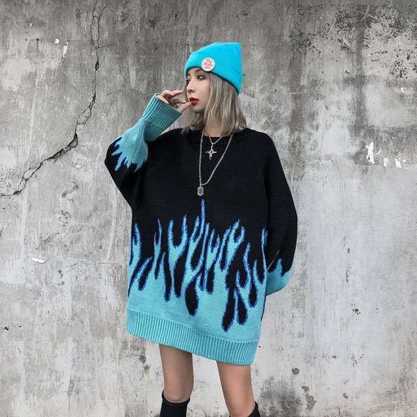 

pull femme 2021 winter autumn new loose long blue flame sweater women o-neck plus size blue female pullover womens sweater, White;black