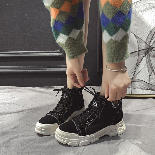 

boots autumn ankle women shoes woman lace up chunky sneakers winter cloth patchwork plus size thick sole platform, Black