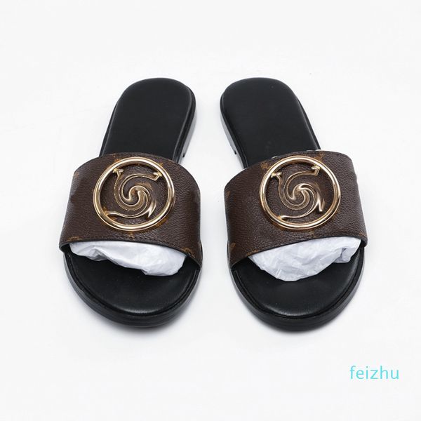 

2021 classics love women sandals fashion gingham slides slipper black white brown with gold metal decoration