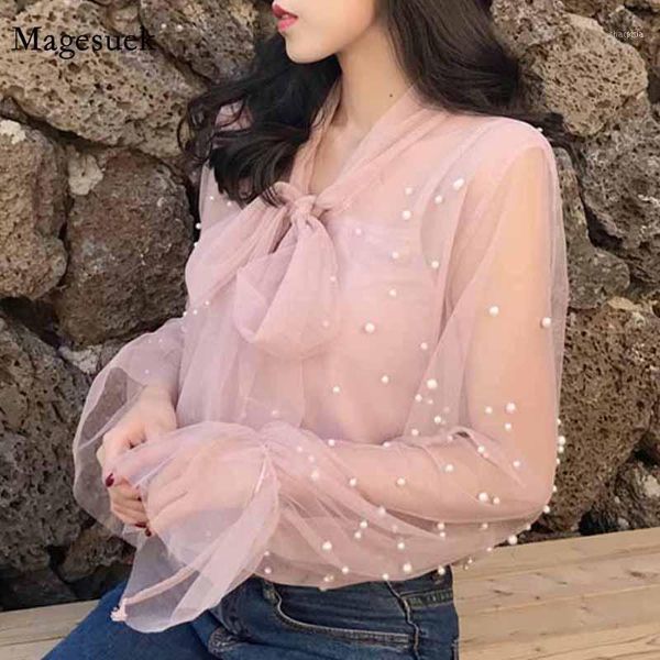 

mesh bow beading pink spring gauze white blouse 2021 summer women chiffon shirt female blouses office shirts blusas 4323 501