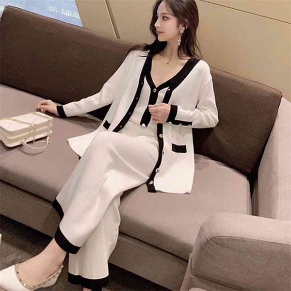 

three-piece cardigan sling bottoming shirt female single-breasted long-sleeved jacket drop wide-leg pants sweater sets spring 210427, White