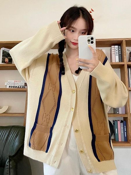 

women's knits & tees autumn sweater women loose cardigan vintage elegant japan style casual pocket all-match patchwork female v-neck co, White