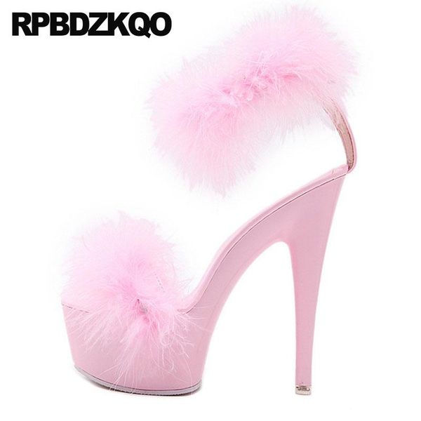 

high heels shoes exotic dancer nice extreme pink stiletto platform women sandals 2021 summer fetish fur fluffy pumps ankle strap, Black