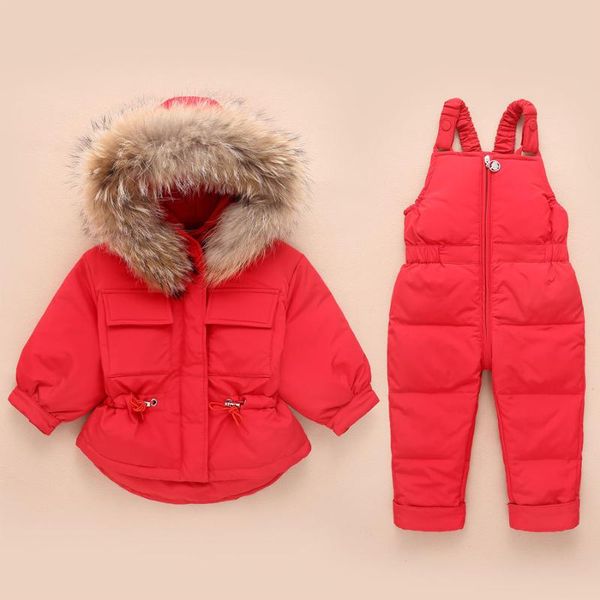 

winter warm children's clothing sets real fur baby girl duck down snowsuit kids ski suit set boy's jackets+pants coat, Blue;gray