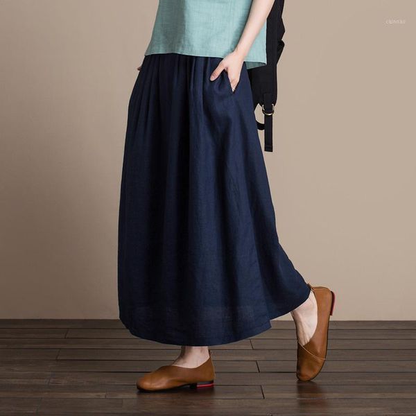 

skirts 2021 linen fashion long maxi a-line for women elastic high waist summer blue beige khaki, Black