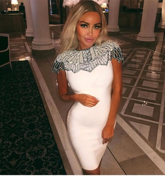 

bandage dress woman celebrity evening party vestido white beads diamond mini runway club 8097 casual dresses, Black;gray