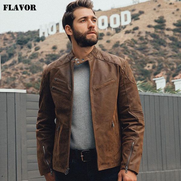 

men's genuine leather motorcycle jacket men winter coat standing collar & faux, Black