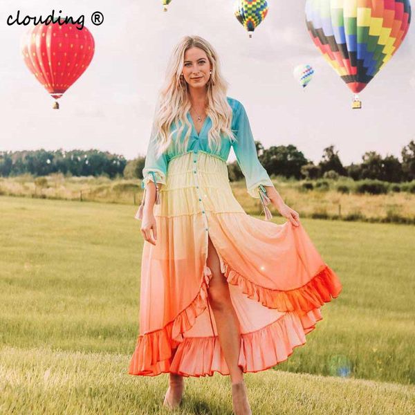 

casual dresses boho rainbow gradient maxi dress elegant deep v-neck high low es with long slevees ladies chiffon beach party, Black;gray