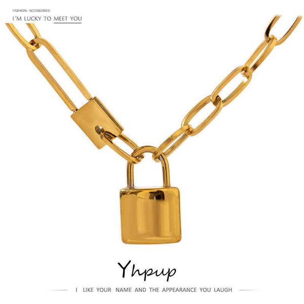 

yhpup statement stainless steel lock pendant necklace stylish gold metal texture choker chain necklace 18 k jewelry party gift h1125, Silver