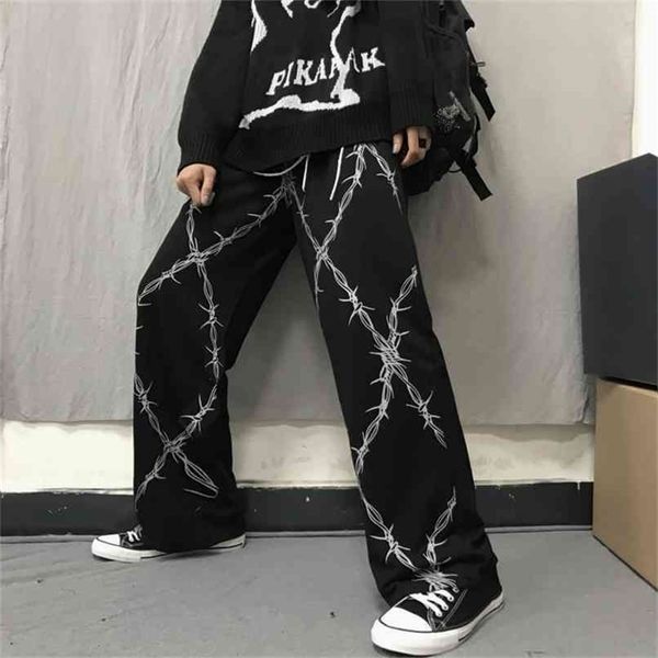 

harajuku retro women pants thorns printed elastic waist loose wide leg fashion streetwear grunge dark casual 210915, Black;white