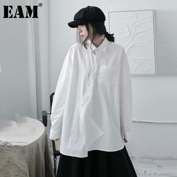 

[eam] women white brief irregular big size blouse lapel long sleeve loose fit shirt fashion tide spring autumn 2021 1dd0584 women's blo