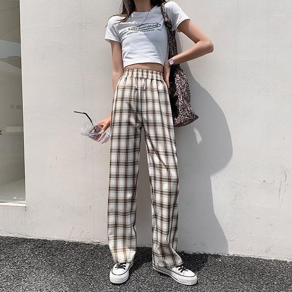 

women's pants & capris cgc 2021 summer plaid women casual harajuku straight high waist female wide leg chic loose trousers streetwear, Black;white