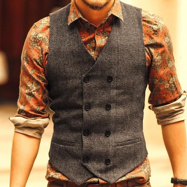 

men's vests fashion european double breasted v-neck wool blends mens casual slim fit plus size male suit short waistcoats formal wear, Black;white