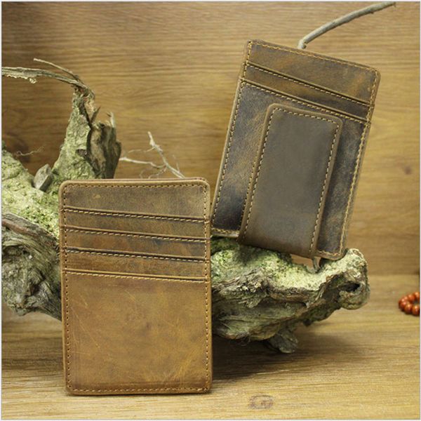 

the wallet men's and women's simple multi card dollar clip crazy horse cow leather rfid magnet wallet, Black