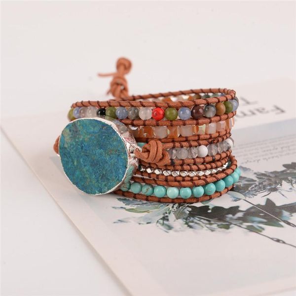

tennis latest 2021 - 5x leather wrap beaded bracelet huge oceanstone boho chic jewelry, bohemian valentine's gift, Golden;silver