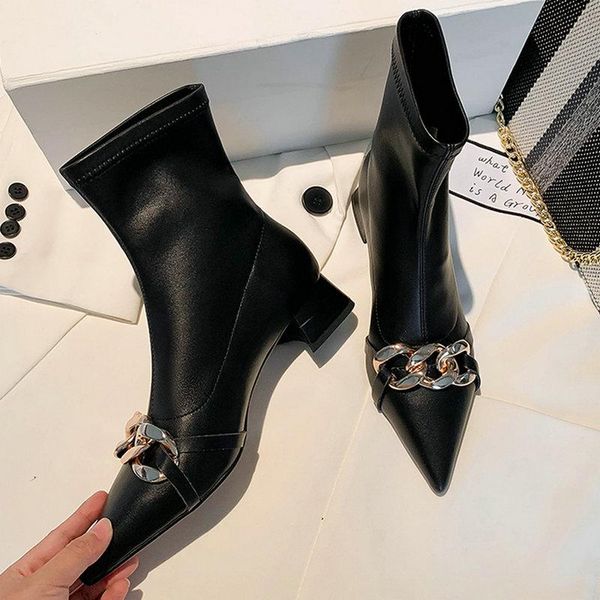 

boots high heels pointed toe office basic women ankle genuine leather concise autumn winter party wedding shoes woman, Black