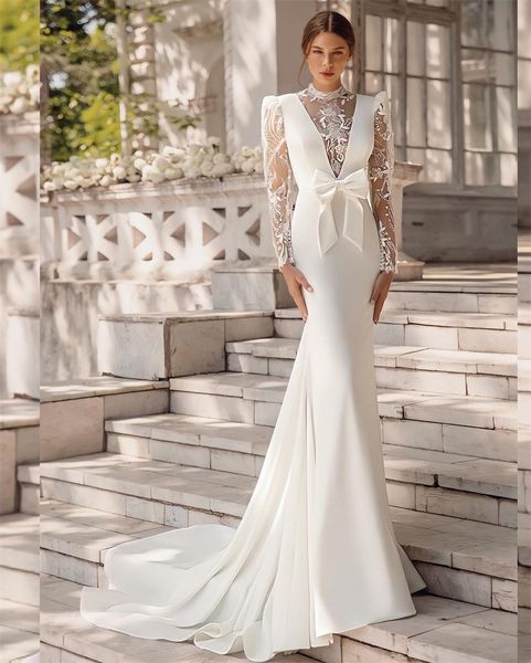 

princess lace appliques mermaid wedding dresses long sleeves bridal gown custom made floor length graceful high neck robes de mariÃ©e, White