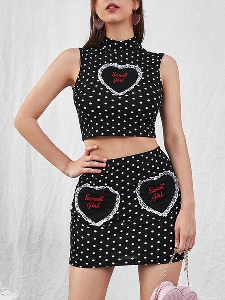 

letter embroidery polka dot tank and skirt set u6d9#, White