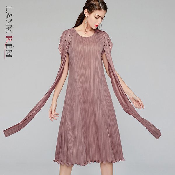 

women big size pink pleated beads decoration dress round neck sleeveless loose fit fashion tide summer 2e1611 210507, Black;gray