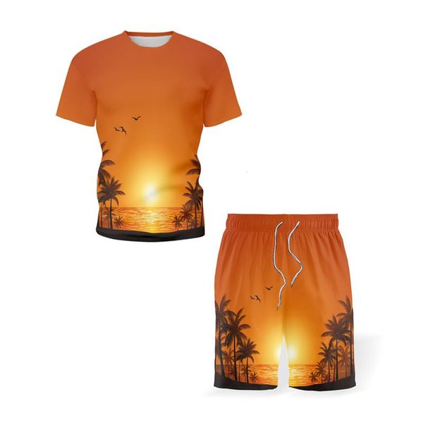 

men's tracksuits 2021 summer fashion 3d seaside sunset and women's oversized short-sleeved t-shirt + shorts beach casual sports su, Gray