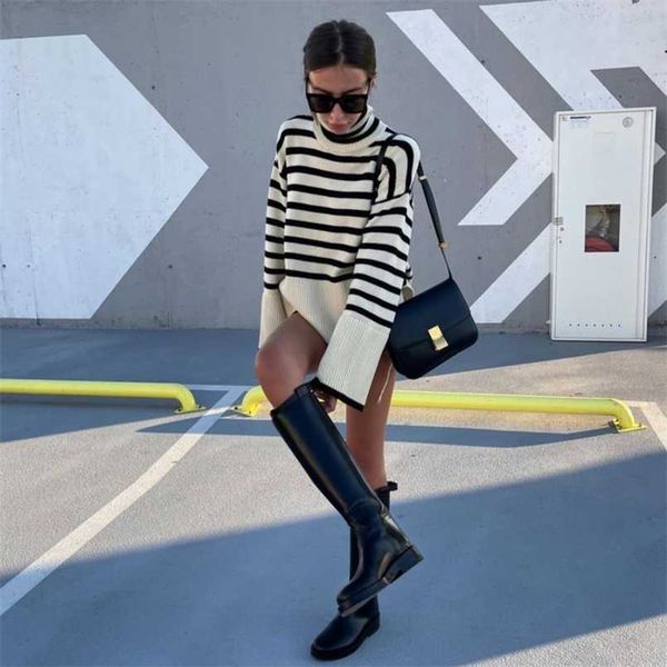 

za knitted loose women sweater solid casual striped long sleeve pullover winter embroidery women's turtleneck sweaters y2k 211215, White;black