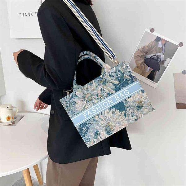 

factory store shop 2022 new lattice portable women's bag korean oil painting printing large capacity square bag fashion foreign style s