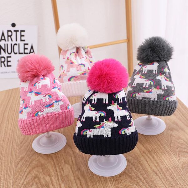 

caps & hats big pompom baby hat cartoon printed winter thicken warm born kids beanie soft knitted boy girl bonnet, Yellow