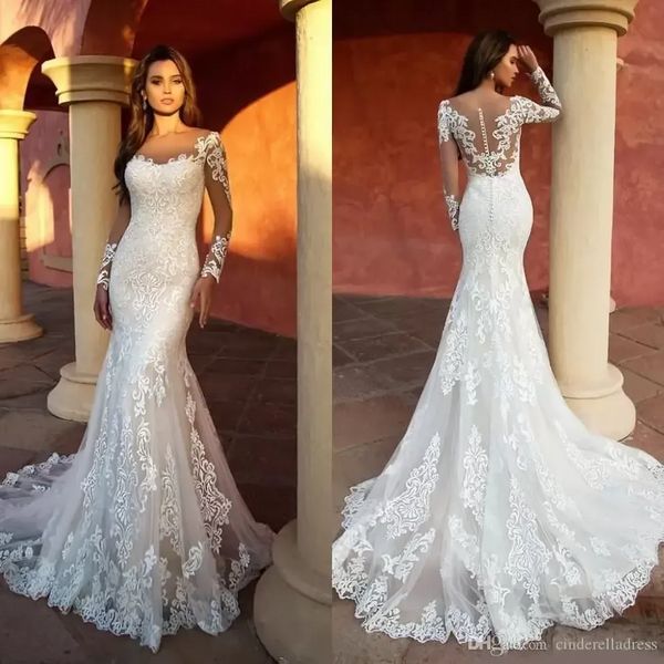 2022 3D moderna 3D apliques laço sereia vestidos de casamento puro pescoço manga comprida vestidos de panela ilusão vestido de noiva robe de mariee bc10737