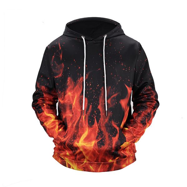 

fashiondigital mens leisure color flame 3d three-dimensional printing drawstring couple pullover hoodie, Black