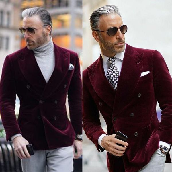 One Piece Business Casual Smoking in velluto rosso vino Doppio petto Abito slim su misura Fit Groom Party Cappotto Abbigliamento da lavoro su misura