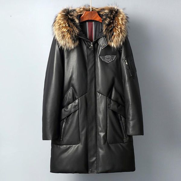 

men's leather & faux jacket men sheepskin genuine duck down winter coat natural raccoon fur collar hooded casaco 8852 yy886, Black