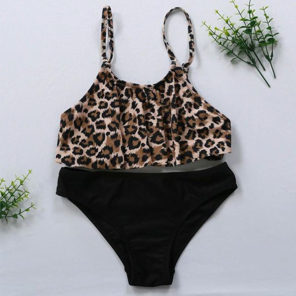 

one-pieces girl swimsuit kids baby sling leopard print two-piece summer bikini set children's swimwear backless bathing suit, Black