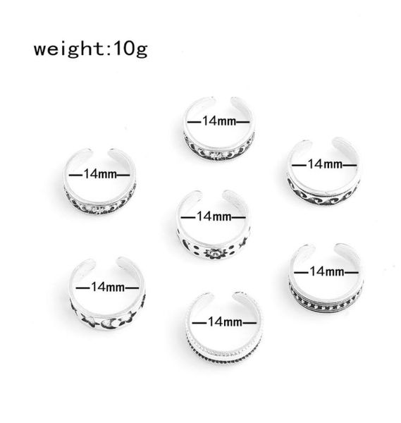

body jewelry jewelrybody 7pcs retro hollow carved star moon toe ring kits bohemian adjustable opening finger rings for women boho beach foot, Silver