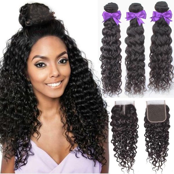 

human hair bulks water wave bundles with closure brazilian weave extension 3/4 remy, Black