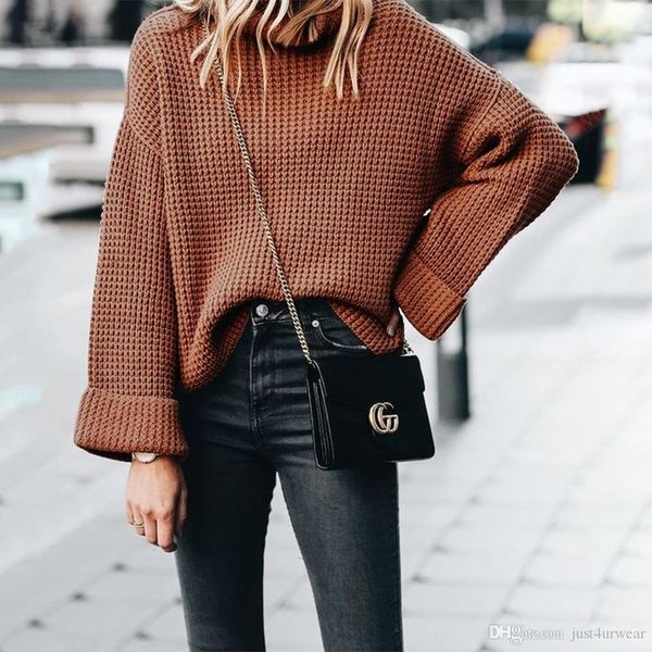 

womens loose streetwear sweaters knitted clothing solid color turtle neck sweaters woman winter high neck sweaters, White;black
