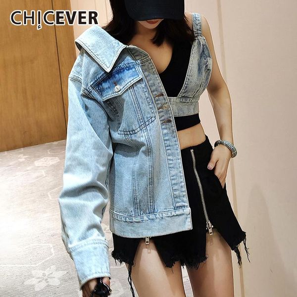

denim jackets for women v neck long sleeve one off shouder patchwork asymmetric hollow out coats female 2021 fall tide women's, Black;brown
