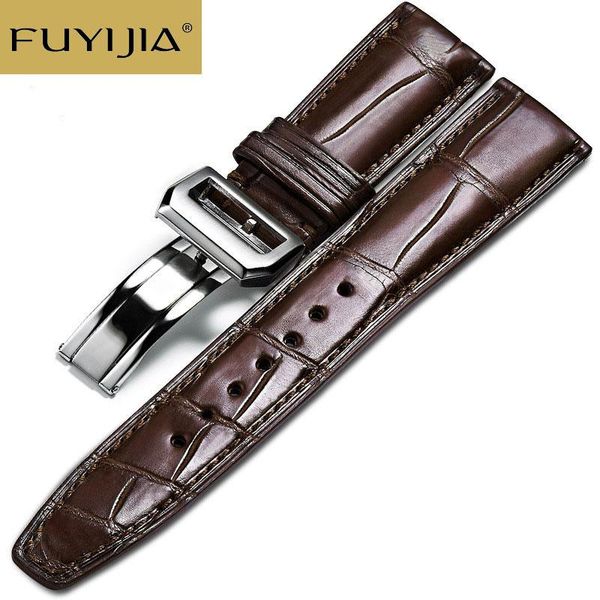 

watch bands fuyijia 20mm 22mm custom portugieser strap handmade watchbands genuine alligator belt folding buckle crocodile band 21mm, Black;brown
