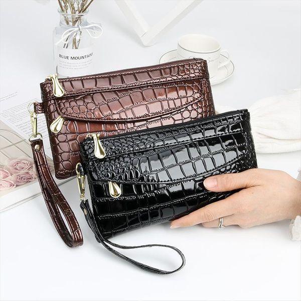 

fashion patent leather womens wallets fallow long ladies double zipper wallet clutch bag design red purse crocodile purses, Red;black