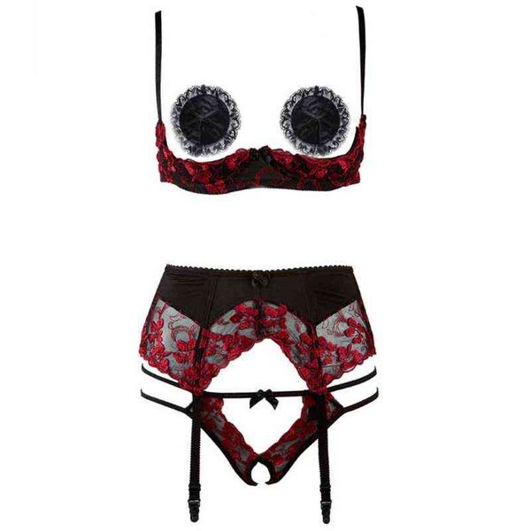 

nxy setlace embroidery open crotch lingerie with garter thong underwire cupless bra and panty set women intimates underwear women set 1128, Red;black