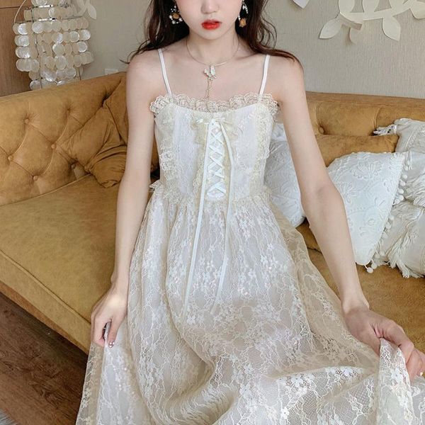 

casual dresses female gauze pretty chic ball gown 2021 japanese kawaii strap fairy dress women elegant sweet retro lace bandage party, Black;gray