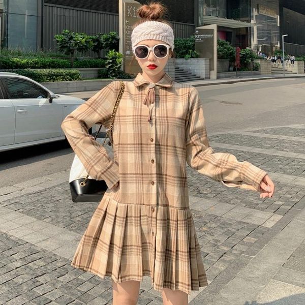 

casual dresses fashion brand women's clothing straight plaid button mini-dress empire turn-down collar vintage style ladies fall, Black;gray