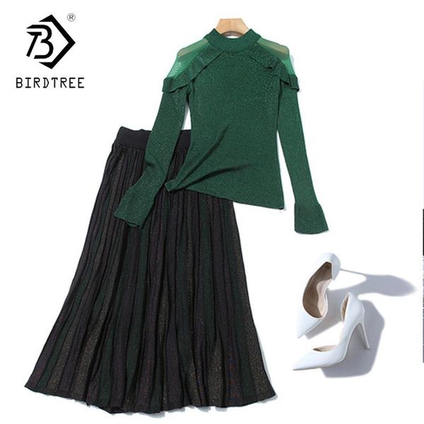 

two piece dress 2021 spring autumn mesh splicing bright silk long sleeve knitted sweater+with pleated skirt two-piece skirts d9d305m, White
