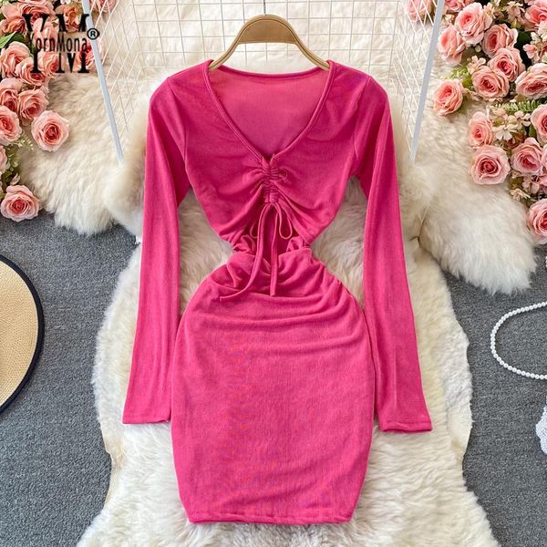 

casual dresses yornmona drawstring hollow out mini bodycon skinny club party wrap hips knitted dress fall streetwear shirt, Black;gray