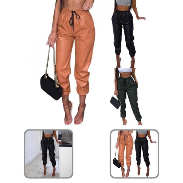 

women's pants & capris women bottoms harem trousers faux leather all match simple loose-fitting elasticity, Black;white