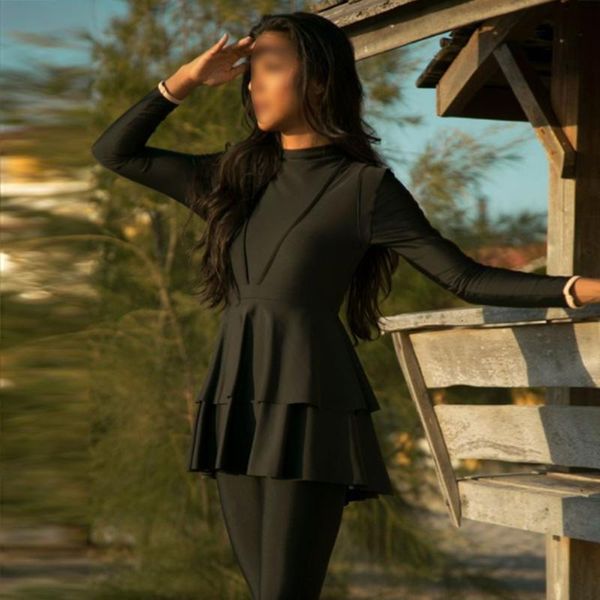 

swim wear black ruffle muslim swimwear burkini 3pcs with bra padding patchwork hijab long sleeves sport swimsuit islamic bathing suit