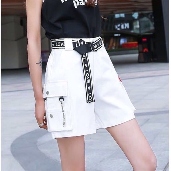 

hip hop bf large pocket cargo harajuku loose women korean ulzzang trendy street summer shorts 210304, White;black