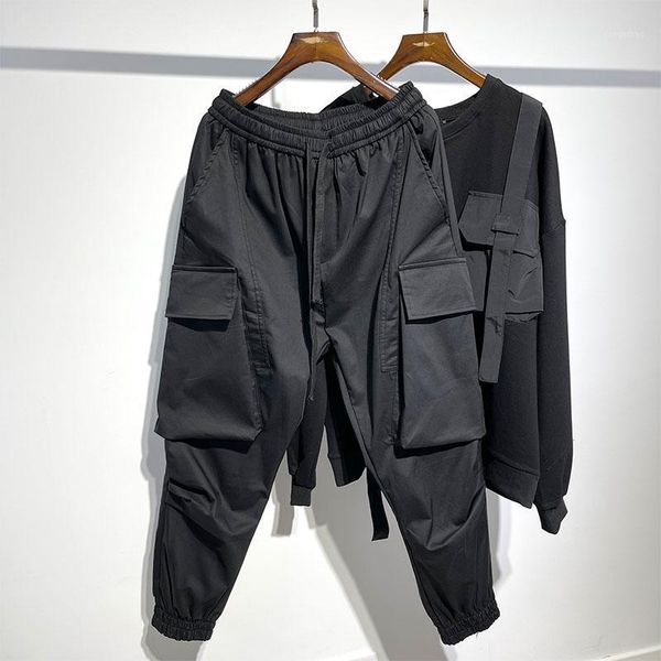 

men's pants loose and slightly baggy harlan autumn yamamoto style pocket splicing large corset overalls trend, Black