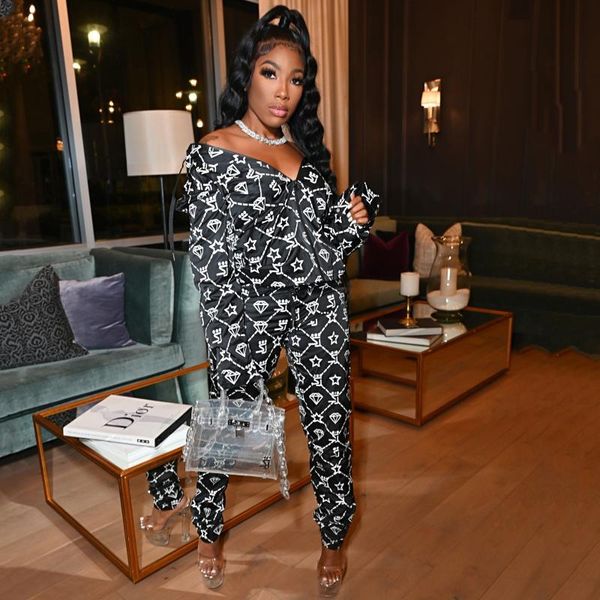 

women's two piece pants rmsfe 2021 women casual selling star diamond print long sleeve hooded fashion set, White