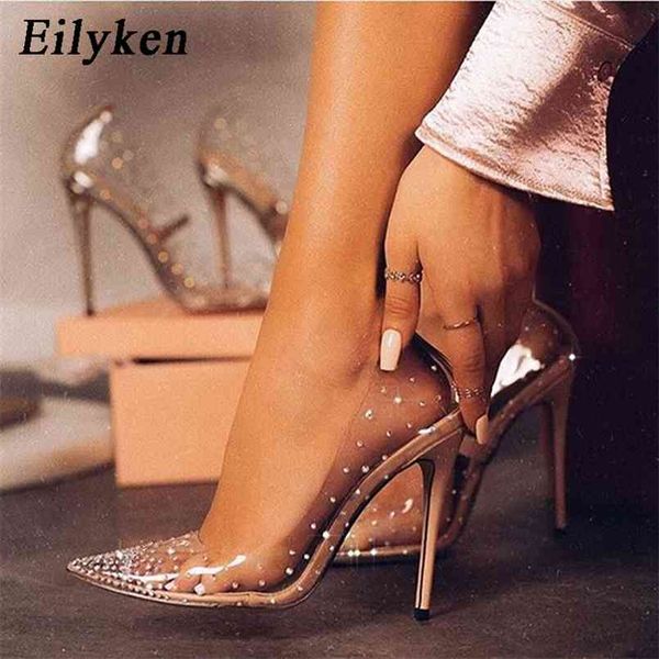 

eilyken fashion rhinestones pvc transparent pumps stilettos high heels point toes womens party golden wedding heels shoes 210901, Black