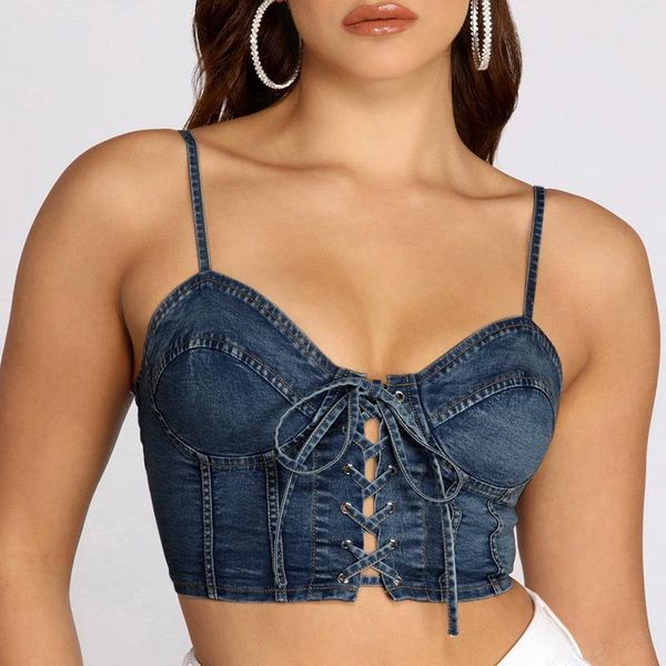 

women's tanks & camis sling cowboy tank women 2021 fashion sleeveless bustier crop bandage tassel female camisole hollow out, White